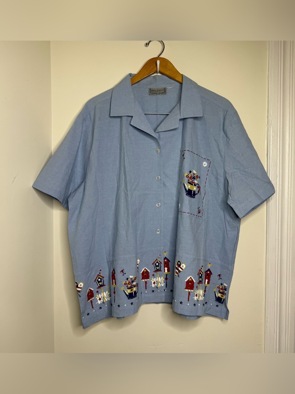 Jane Ashley Chambray Button Front Blouse Top Birdhouse Patriotic Plus Size 3X?